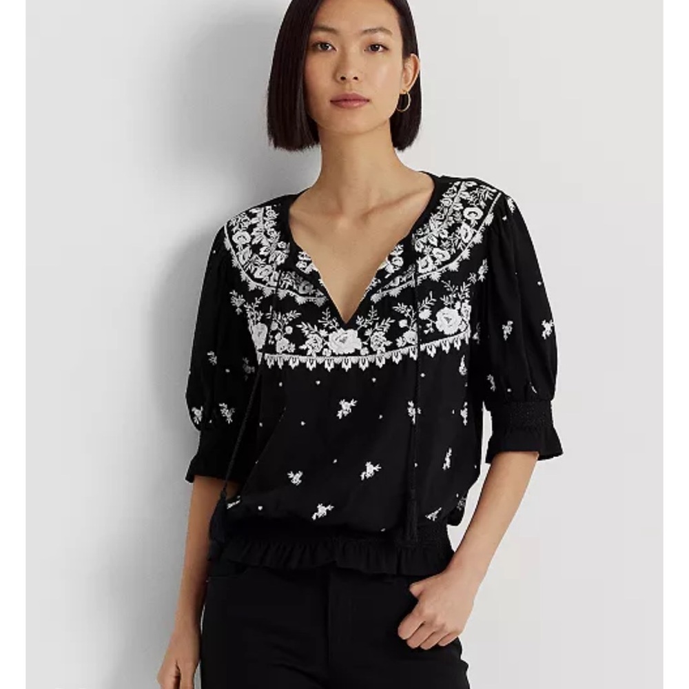 Lauren Ralph Lauren Tie-Neck Puffed Elbow Sleeve Top Size large